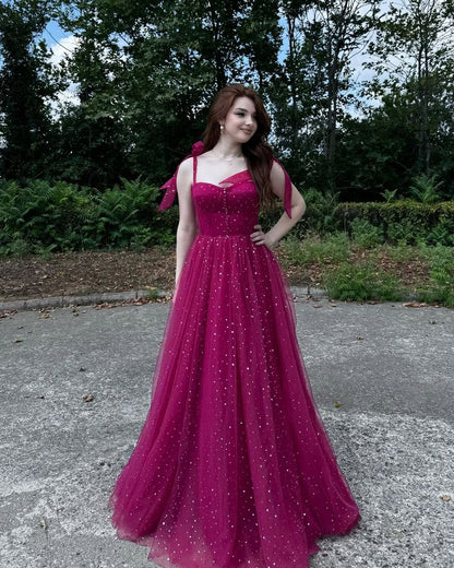 Fuchsia A Line Spaghetti Strap Sequin Tulle Long Prom Dress Evening Dress SH8857