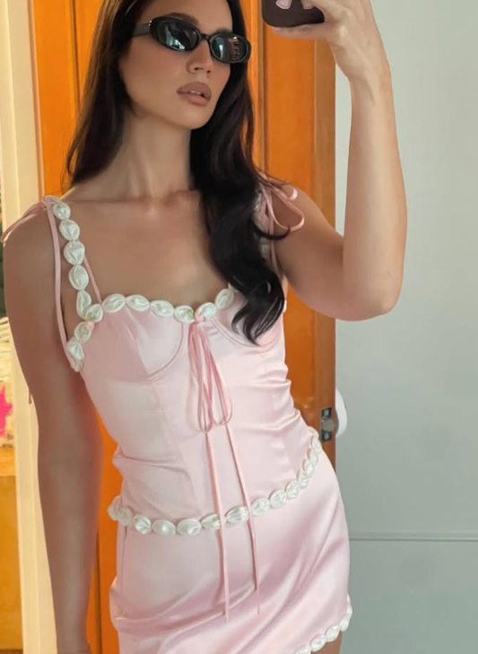 Pink Two Piece A Line Spaghetti Strap Satin Mini Homecoming Dress Birthday Dress SH3696
