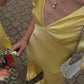 Simple Yellow A Line V Neck Sleeve Satin Long Prom Dress Evening Dress SH3730