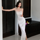 Elegant White Sheath Spaghetti Strap Lace Satin Long Prom Dress Vacation Dress with Slit SH4314