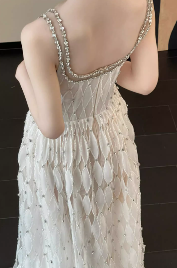 Gentle White A Line Straps Rhinestone Tulle Prom Dress Evening Dress 16th Birthday Dress SH4050