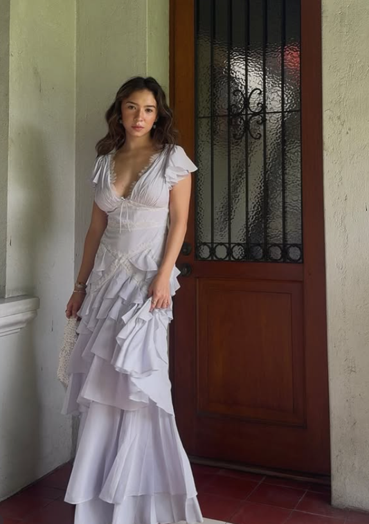 Light Purple A Line V Neck Layered Chiffon Long Prom Dress Outfits SH5494