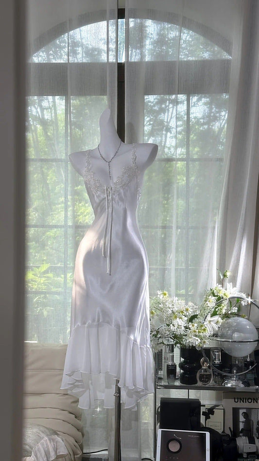 White Mermaid Spaghetti Strap Beaded Satin Chiffon Short Homecoming Dress Wedding Guest Dress SH4321