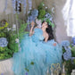 Princess Ball Gown Strapless Tiered Flower Blue Tulle Party Dress Birthday Dress SH2863