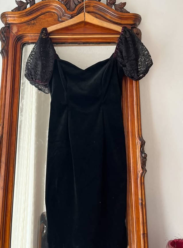 Vintage Sheath Puff Sleeve Black Velvet Knee Length Prom Dress Evening Dress SH6078