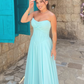 Blue A Line Strapless Pleated Chiffon Long Prom Dress Evening Dress SH6532