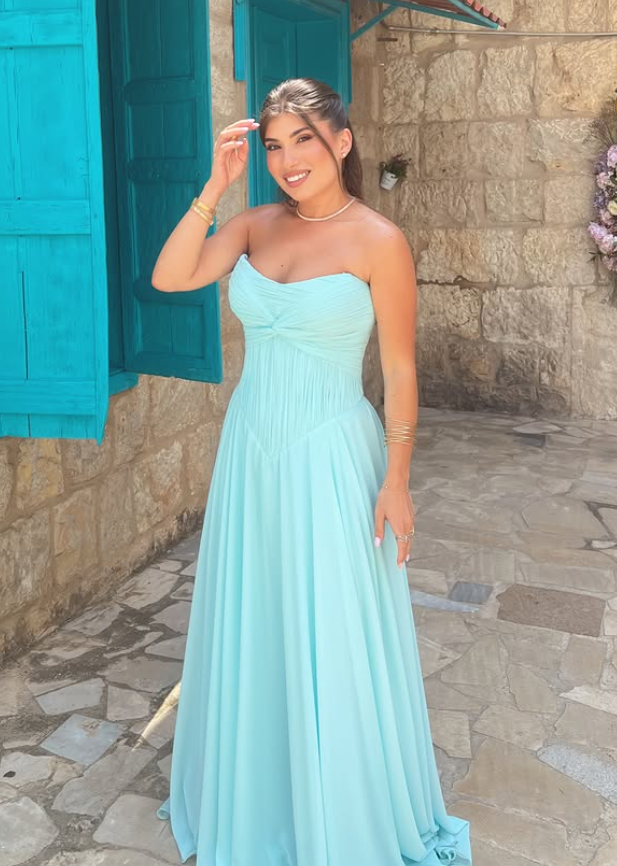 Blue A Line Strapless Pleated Chiffon Long Prom Dress Evening Dress SH6532