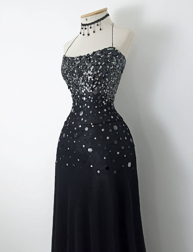 Retro A Line Spaghetti Strap Black Sequin Chiffon Evening Dress Party Dress SH3165