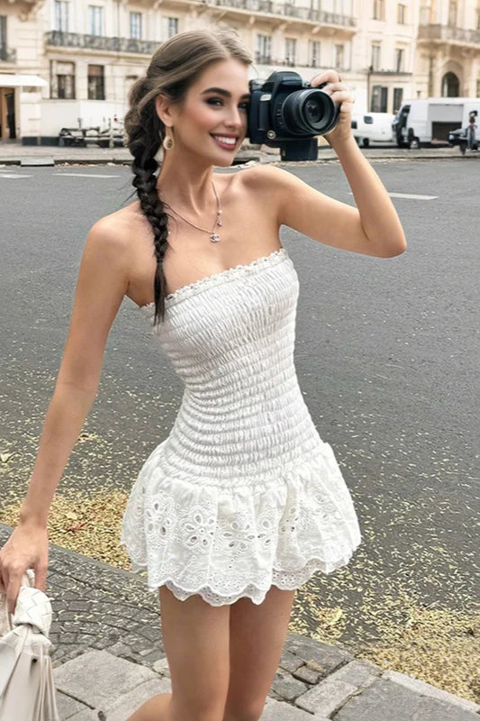 Cute White Sheath Strapless Satin Short Homecoming Dress Mini Dress SH8059