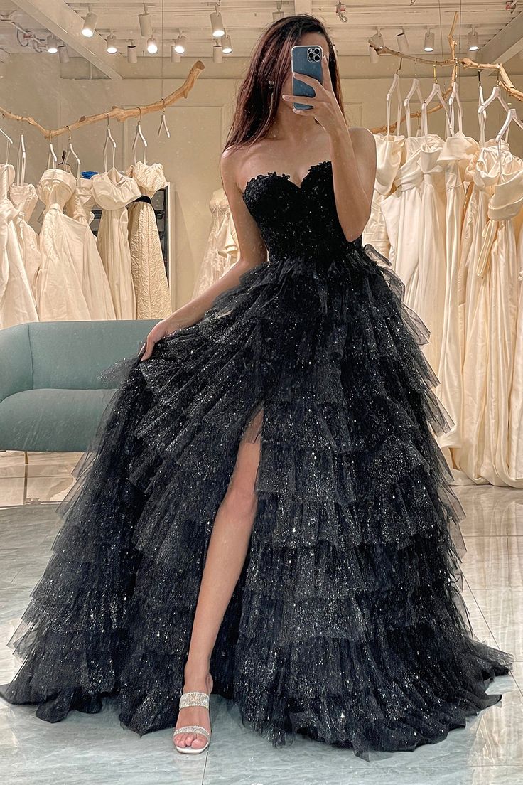 Black A Line Sweetheart Layered Tulle Prom Dress With Slit SH1583