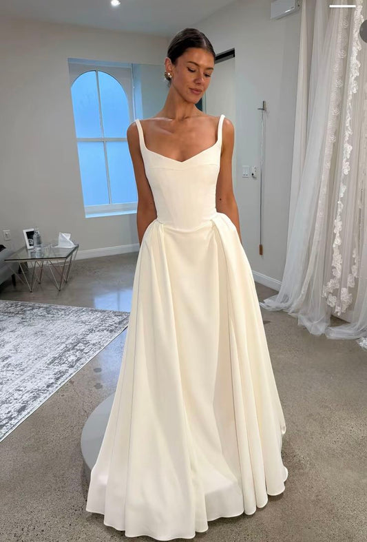Simple A Line Spaghetti Strap White Satin Long Wedding Dress SH8697