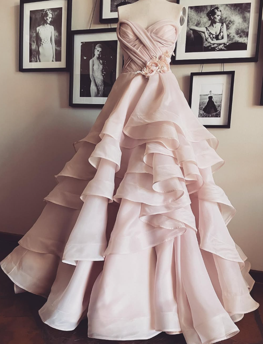 Gentle A Line Sweetheart Neck Flower Tiered Pink Tulle Long Party Dress Evening Dress SH2890
