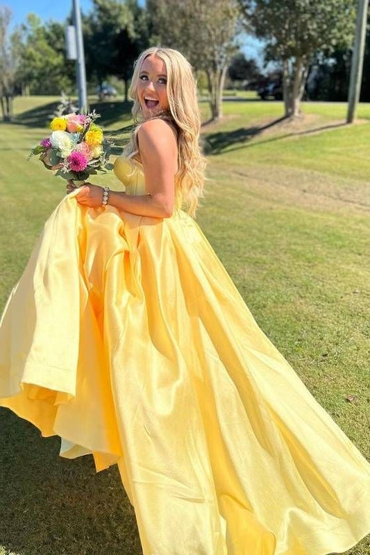 Yellow A Line Sweetheart Corset Satin Prom Dress SH1594