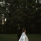 Cute Ball Gown Straps Blue Bow White Satin Long Prom Dress Wedding Dress SH7444