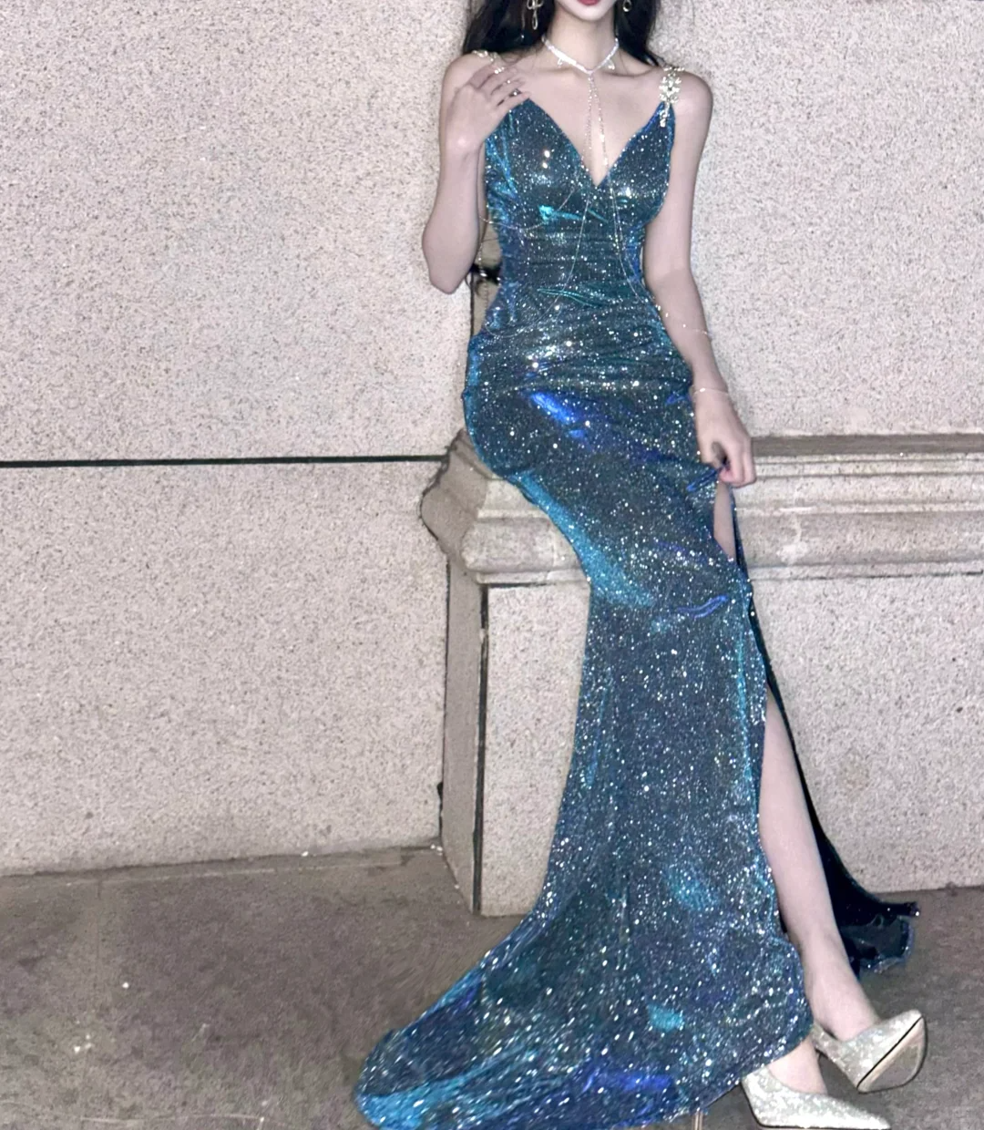 Shiny Blue Mermaid Straps Beaded Sequin Graduation Ball Gown 18th Birthday Dress SH4988