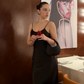 Simple Black A Line Spaghetti Strap Satin Open Back Prom Dress Wedding Guest Dress SH4449