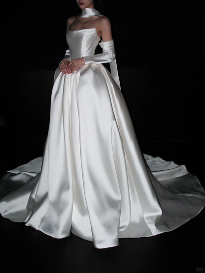 Elegant Ball Gown Strapless White Satin Long Train Wedding Dress SH8886