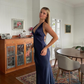 Navy Blue Sheath V Neck Satin Open Back Long Sweep Prom Dress Graduation Prom Dress SH2588