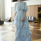 Gentle Baby Blue A Line Strapless Layered Chiffon Prom Dress Evening Dress with Cape SH3651