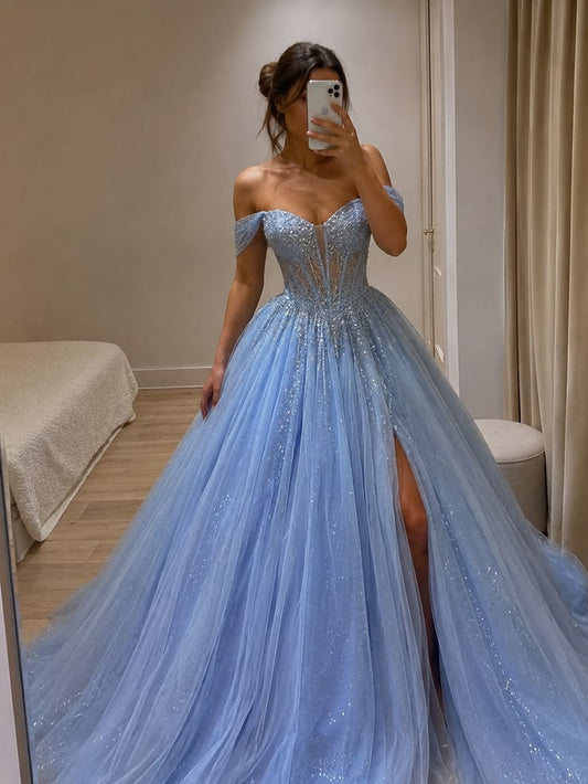 Dreamy Blue A Line Off the Shoulder Sequin Tulle Prom Dress Evening Dress with Slit SH8329