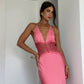Pink A Line Halter Lace Satin Open Back Prom Dress Vacation Dress SH4491