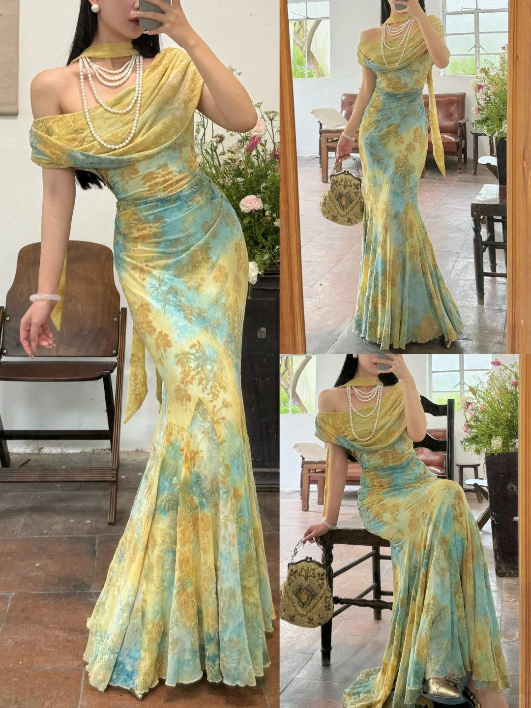 Unique Blue-green Ombre Mermaid Print Floral Chiffon Prom Dress Evening Dress SH6768