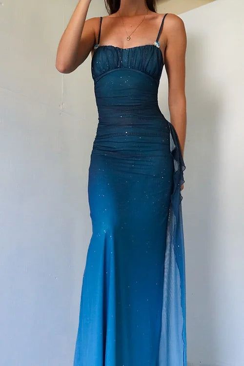 Sexy Sheath Spaghetti Straps Blue Ombre Chiffon Evening Dress Party Dress SH2681