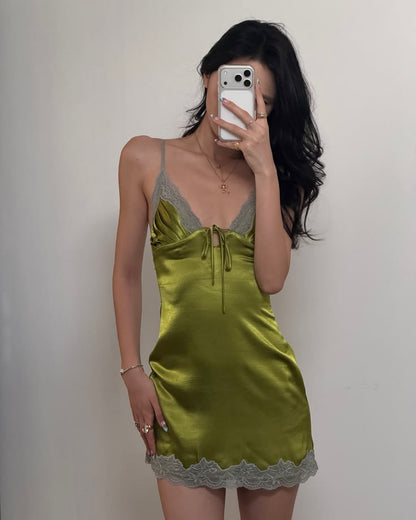 Sexy A Line Spaghetti Strap Grey Lace Green Satin Short Homecoming Dress Mini Dress SH8038