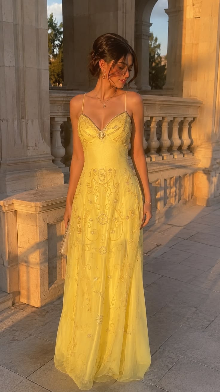 Yellow A Line Spaghetti Straps Beaded Chiffon Prom Dress Evening Dress SH6325