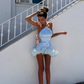 Charming Satin Blue Halter Strapless Sleeveless Short Homecoming Dress with Feathers SH7504