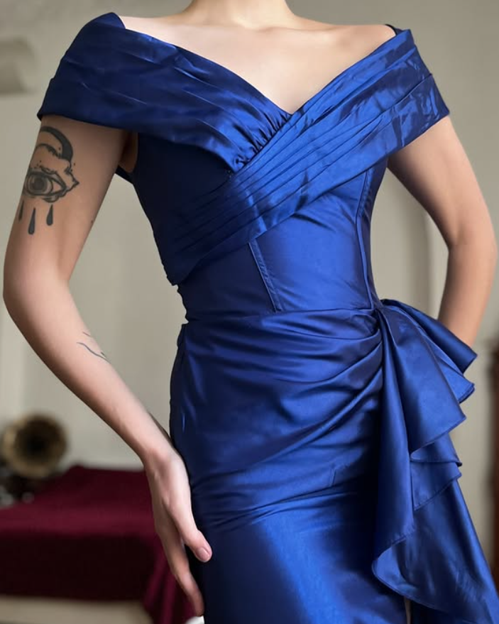 Vintage Royal Blue Mermaid V Neck Satin Slit Prom Dress Evening Dress Date Dress SH5635