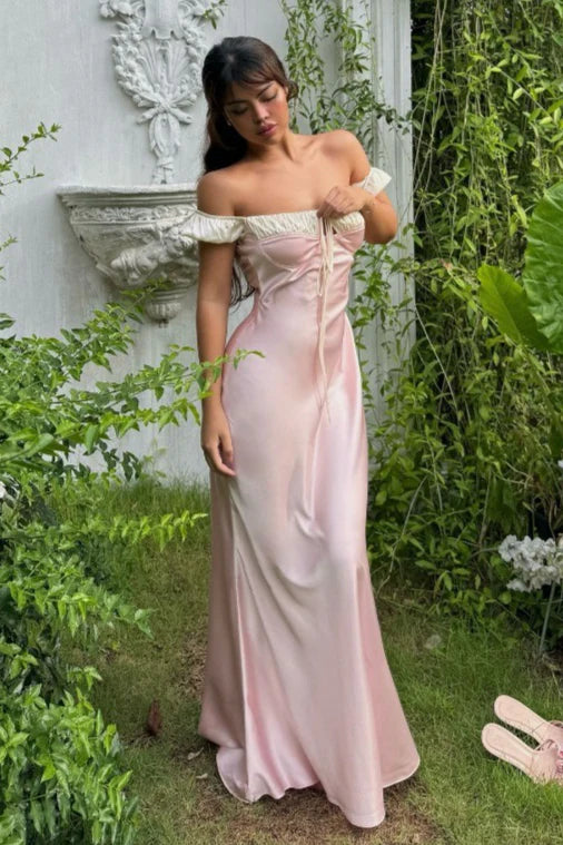 Princess Pink A Line Off the Shoulder Satin Prom Dress Evening Dress SH5756