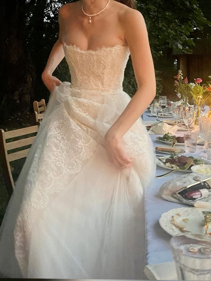 Ethereal A Line Strapless White Lace Tulle Long Wedding Dress SH8493