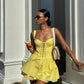 Simple Bright Yellow A Line Straps Satin Short Prom Dress Homecoming Dress Outfits SH6721