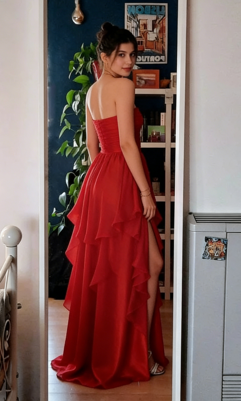 Sexy Red Chiffon Tiered Long Prom Dress A Line Slit Evening Dress SH1495