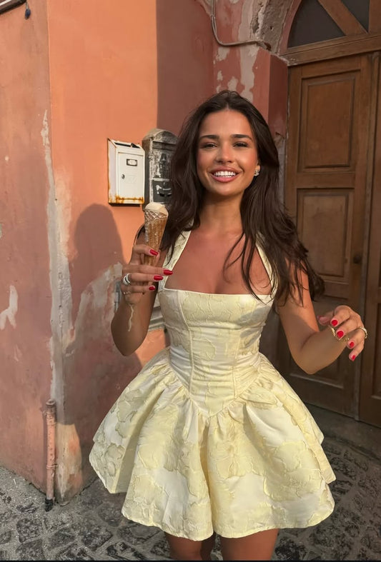 Yellow Print A Line Halter Satin Backless Short Prom Dress Homecoming Dress SH8362