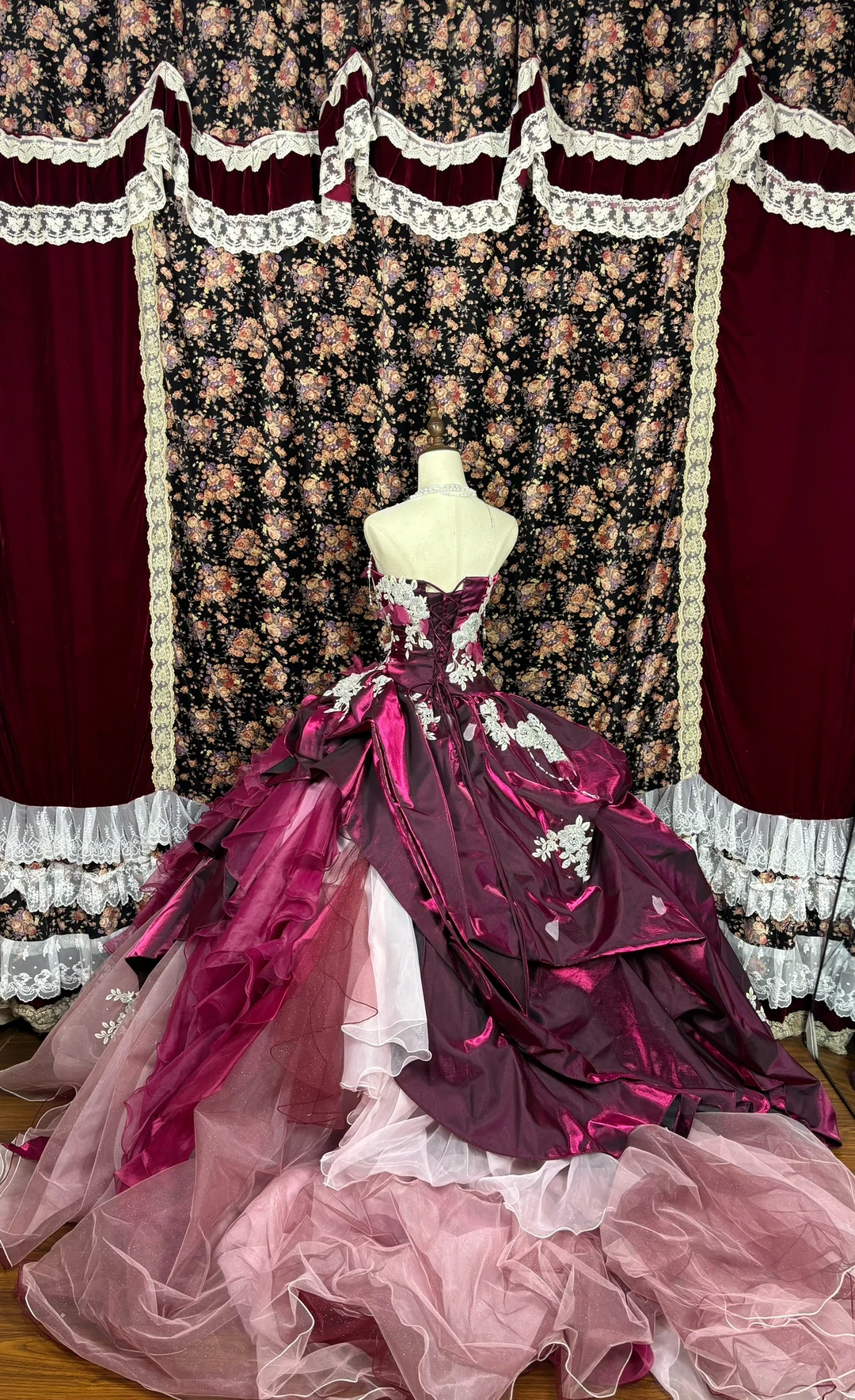 Vintage Pink Purple Ball Gown Strapless Lace Ruffle Tulle Prom Dress Sweet 16 Dress SH5777