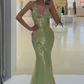 Dazzling Mermaid V Neck Appliques Green Sequin Prom Dress Evening Dress SH6332