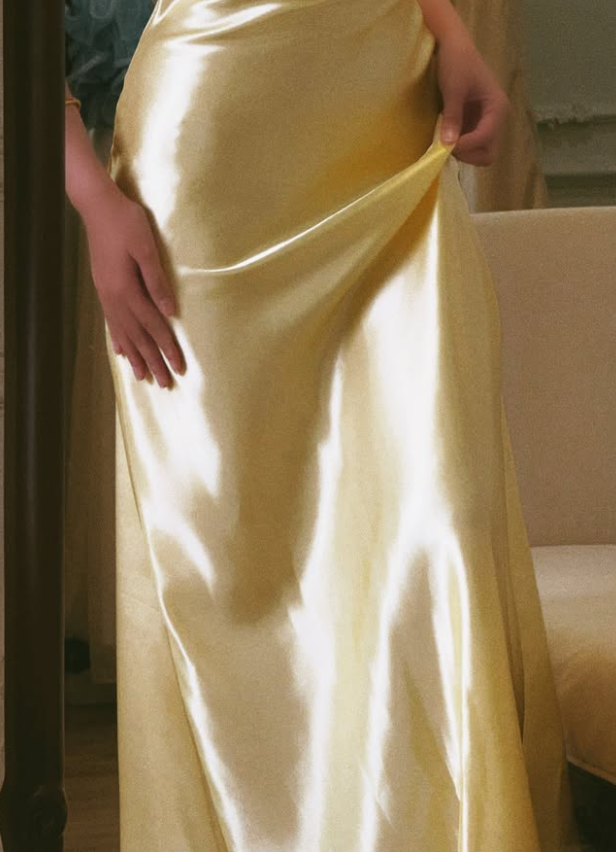 Yellow A Line Spaghetti Strap Lace Satin Prom Dress Evening Dress SH8784