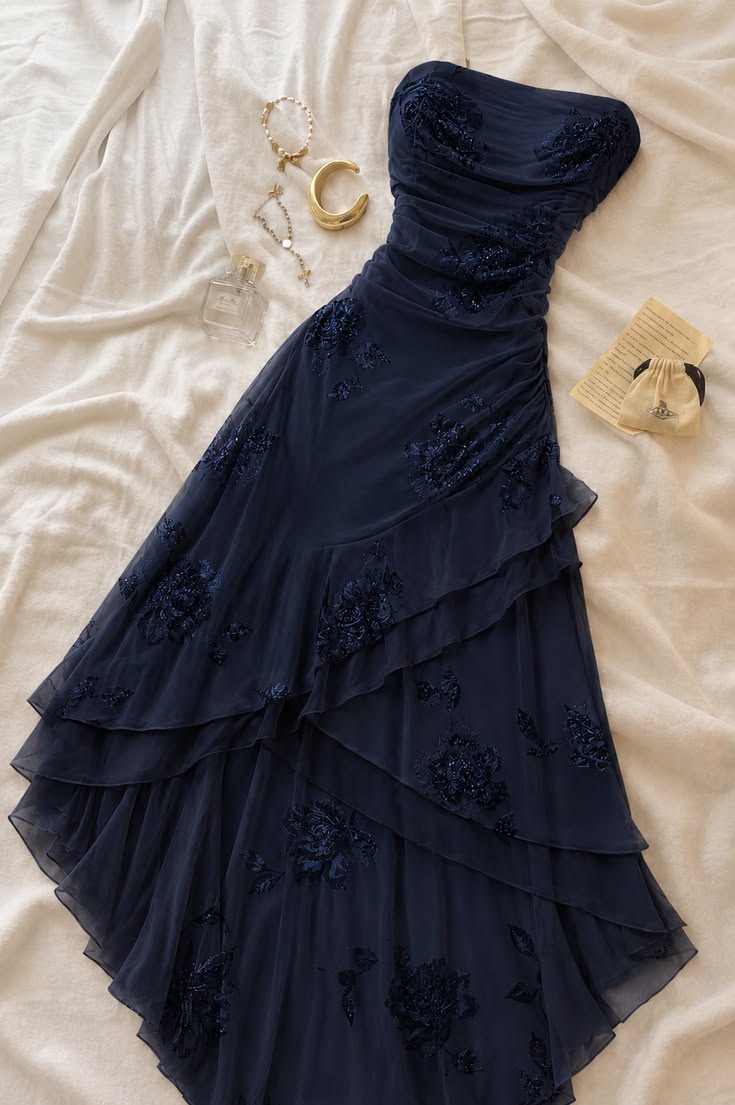 Navy Blue A Line Strapless Exquisite Appliques Chiffon Prom Dress Evening Dress SH7290
