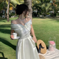 Bow Off The Shoulder Sexy Evening Dress White Fairy Party Prom Dress SH1264