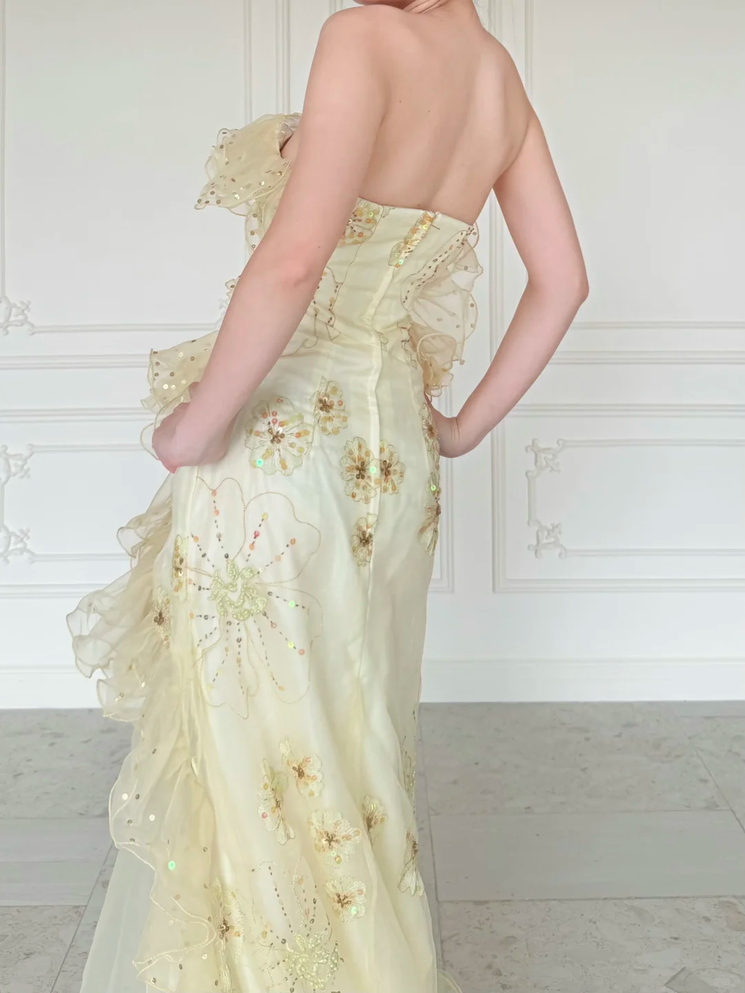 Pretty Mermaid Strapless Shiny Sequin Yellow Organza Slit Prom Dress Evening Dress SH6763