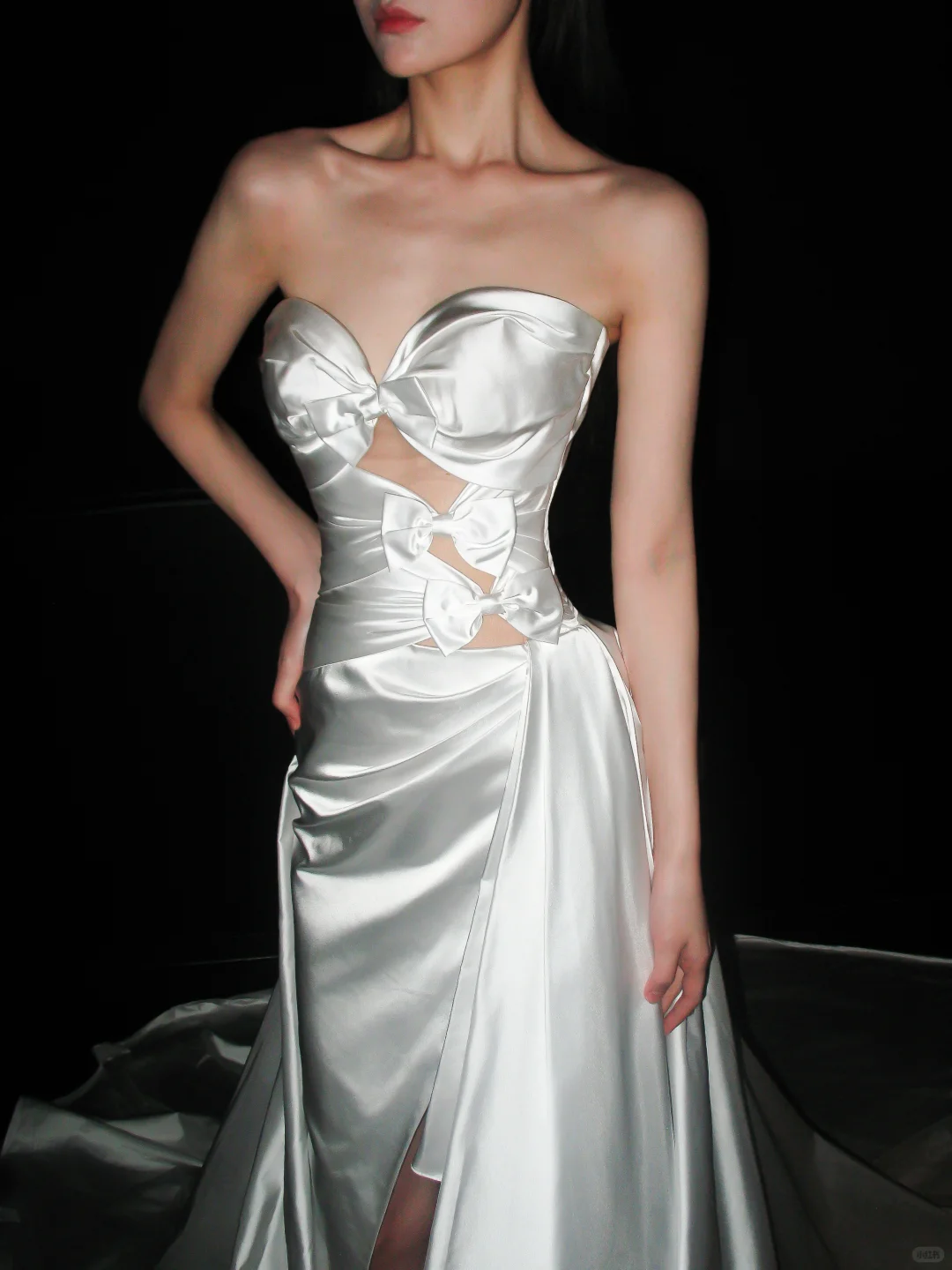 Cute A Line Sweetheart Neck Bow White Satin Slit Wedding Dress SH5867