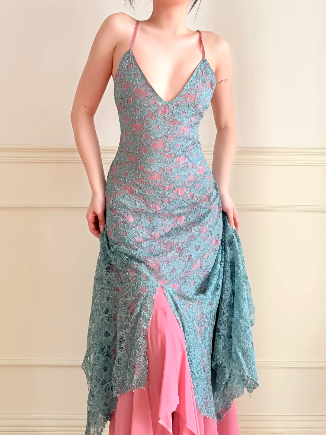 Sexy Mermaid Straps Blue Lace Pink Chiffon Long Prom Dress Wedding Guest Dress SH5504