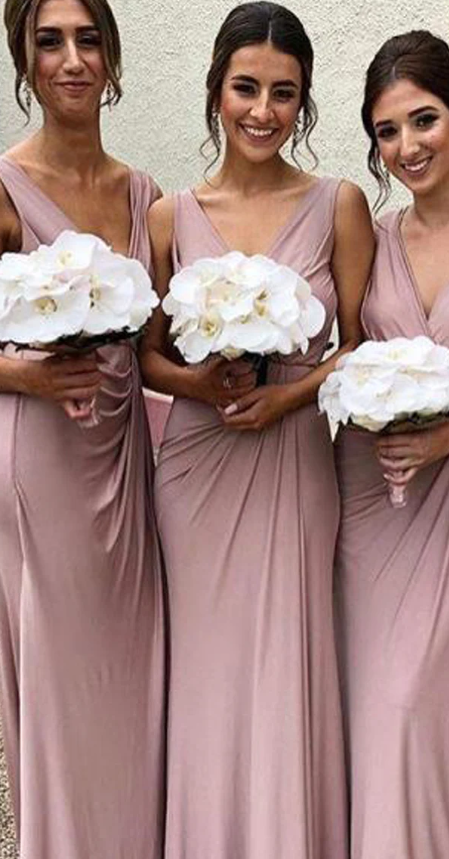 Dusty Pink Elastic Satin V-neck Sheath Long Bridesmaid Dresses SH5585