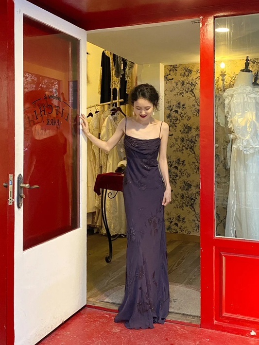 Vintage Dark Purple Sheath Spaghetti Strap Exquisite Beaded Chiffon Prom Dress 22th Birthday Dress SH4408