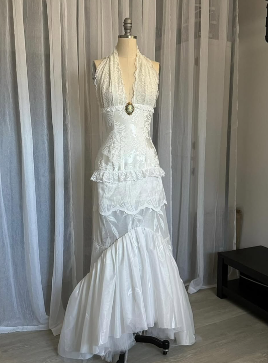 Vintage Ivory Mermaid Halter Print Satin Lace Backless Prom Dress Wedding Dress SH7669