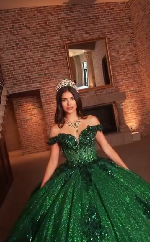 Dark Green Sequin Tulle Applique Long Prom Dress Quinceanera Dress Ball Gown SH5181