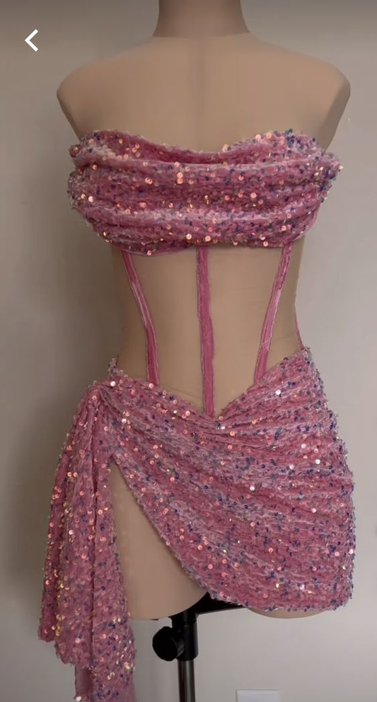 Sexy Pink Sequins Pleated Short Party Dress Prom Dress SH719