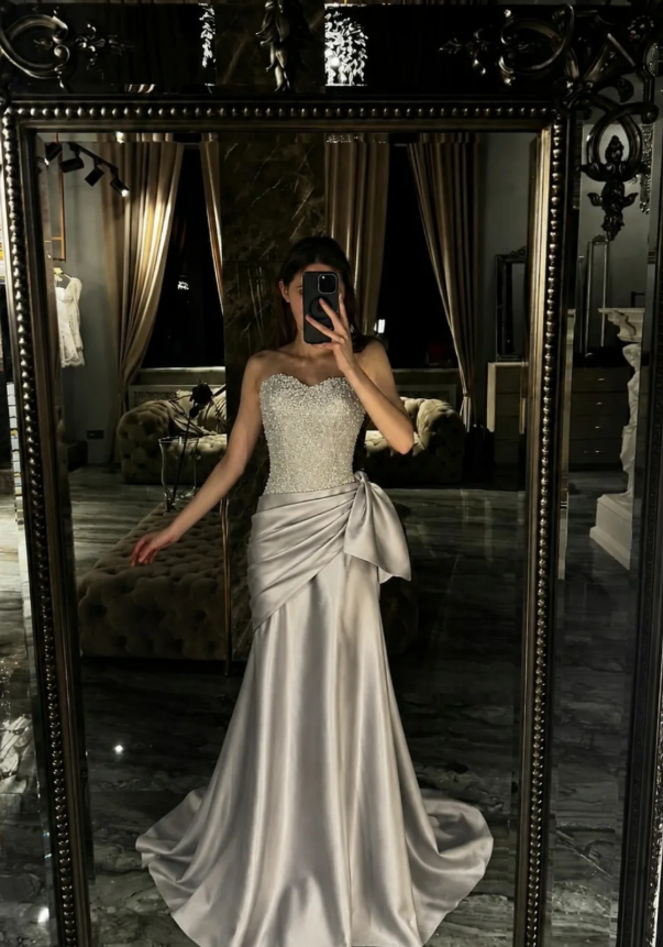 Grey Mermaid Strapless Beaded Satin Long Prom Dress Evening Dress SH7304